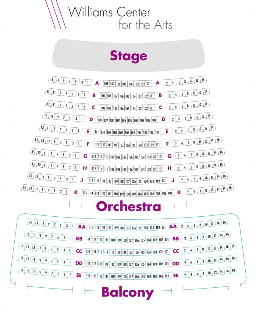Seating map for the Williams Center for the Arts, orchestra and balcony