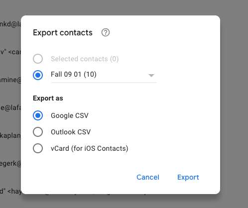 Choose the appropriate contact list and file type