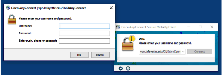 AnyConnect client window requesting username, password, and two-step login.