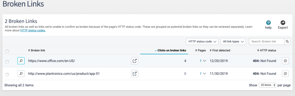 Siteimprove list of broken links.