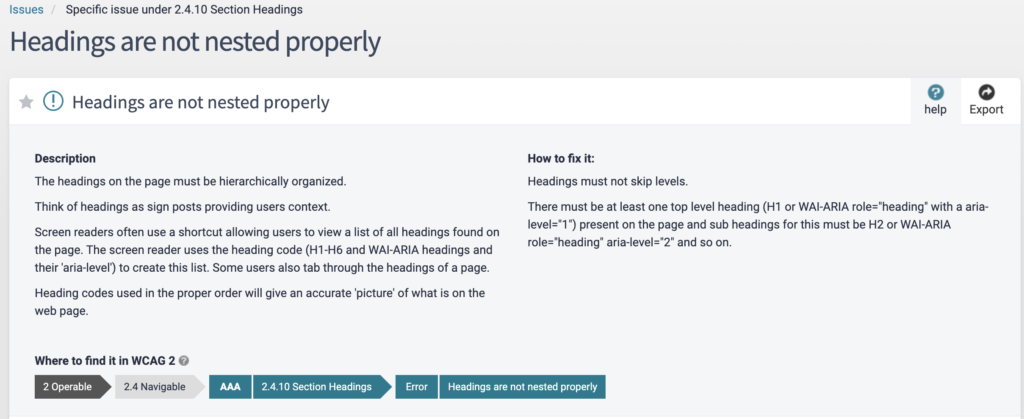 Example of Accessibility Issue view in Siteimprove.