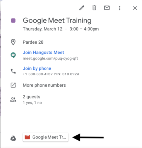 Google Meet recordings are linked to in the initial calendar invite in Google Calendar.