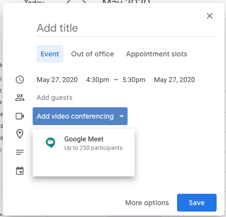 Click "Add video conferencing" when creating a Calendar event to add Google Meet information.