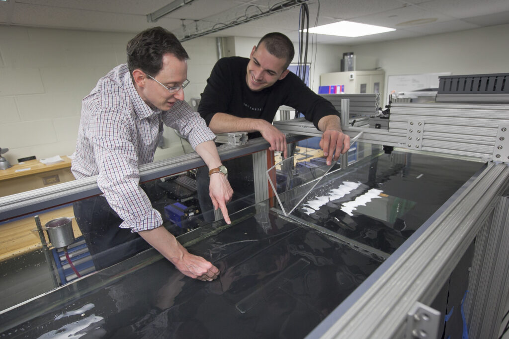 Atanas Angelov '16 works with Professor Daniel Sabatino doing research in the Water Channel for Undergraduate Research in Acopian Engineering Center