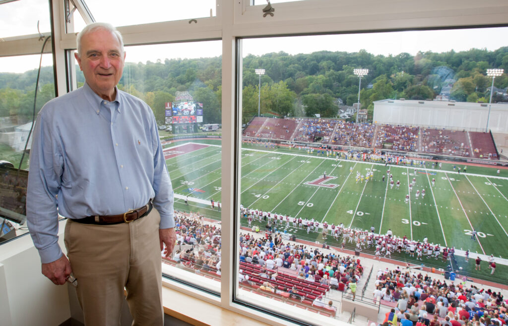 Bill Gano '57 in the press box at Fisher Stadium during a Lafayette football game
