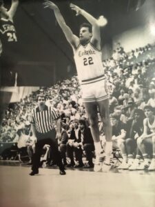Paul Staubi '88 takes a shot in a basketball game against Lehigh.