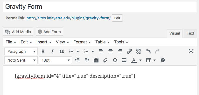 Short code for gravity forms