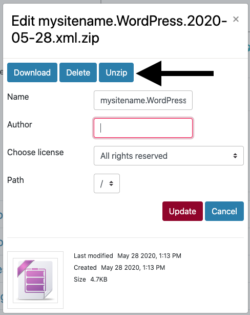 Select "Unzip" to open the compressed website file