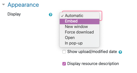 Set the Display setting to "Embed"