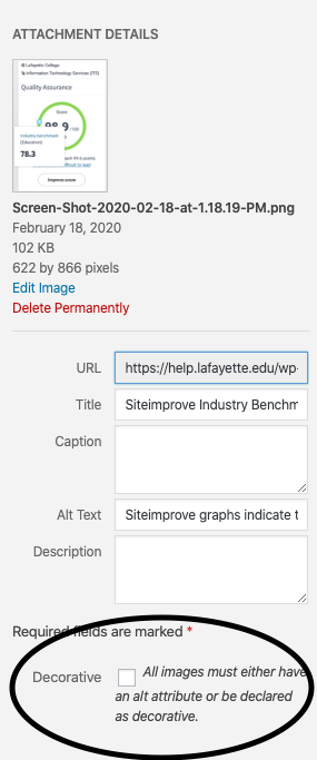 Edit image in WordPress Media Library to indicate that it is purely Decorative and does not require alt text.